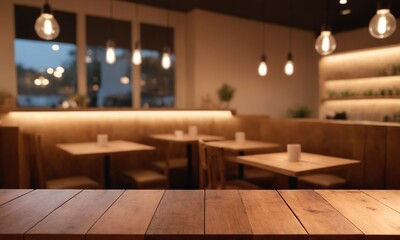 Warm restaurant interior beckons with inviting ambiance and soft lighting, perfect for showcasing your culinary creations and dining experiences beautifully