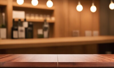 Warm inviting restaurant background with elegant wood table for product mockups and food photography projects in soft ambient light with blurred bar