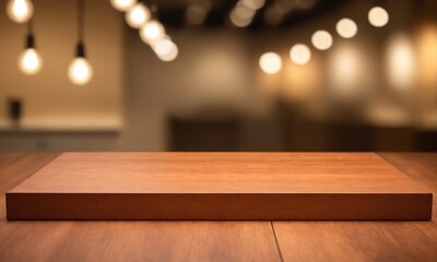 Elegant wooden table for product display in warm, inviting space with blurred lights, perfect for showcasing your brand with style and sophistication