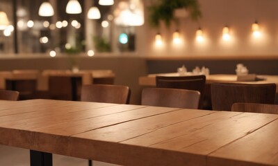Inviting restaurant interior showcasing warm wood tables and ambient lighting creating a cozy dining experience, perfect for showcasing hospitality