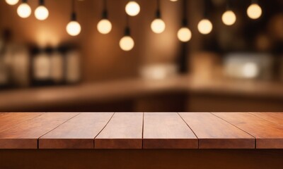 Rustic wooden tabletop with blurred cafe lights background invites warmth and charm into your design or advertisement featuring your product display