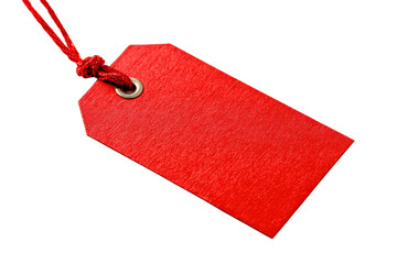 Single red textured paper tag with string attached on black background label, Isolated On Transparent Background, Png Cut Out