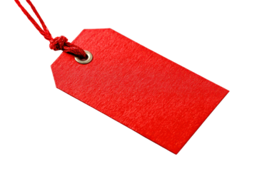 Single red textured paper tag with string attached on black background label, Isolated On Transparent Background, Png Cut Out