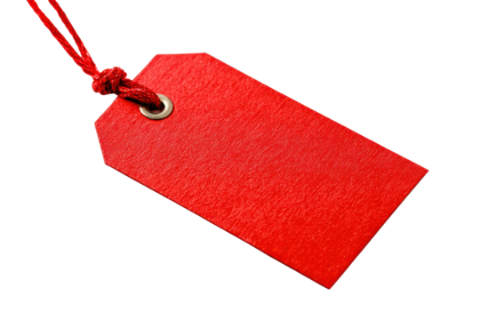 Single red textured paper tag with string attached on black background label, Isolated On Transparent Background, Png Cut Out