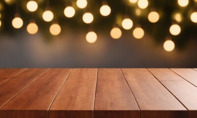 Warm inviting wood tabletop with glowing lights creating a cozy festive atmosphere, perfect for showcasing products or holiday promotions