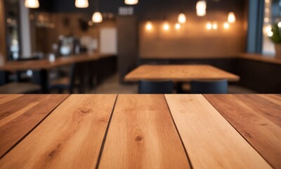 Warm wooden table beckons you to savor restaurant ambiance with inviting blurred background and soft lighting, perfect for food ads and promotions