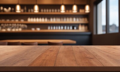 Elegant wood tabletop with blurred cafe background invites product placement, a stylish surface for culinary displays or lifestyle photography projects