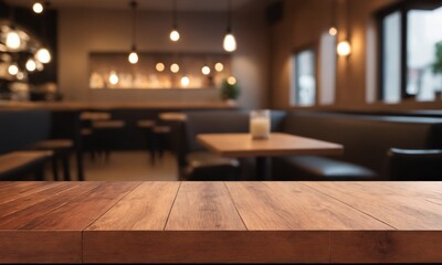 Warm inviting restaurant interior with rustic wood table ready for your delicious food photography and restaurant advertising campaigns