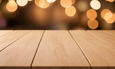 Create stunning product displays with this warm wood table top and bokeh lights background for an inviting and eye-catching showcase