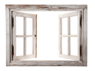 Open vintage wooden window frame with distressed white paint.