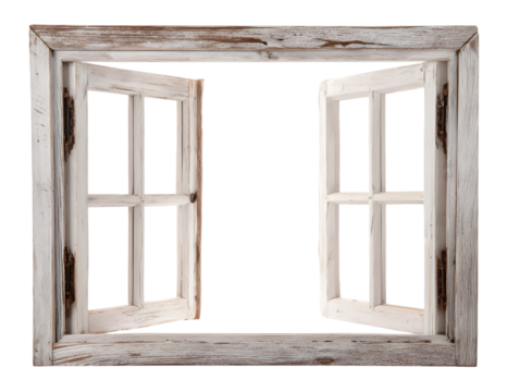 Open vintage wooden window frame with distressed white paint.