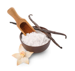 Bowl of vanilla powder with sticks and flower on white background
