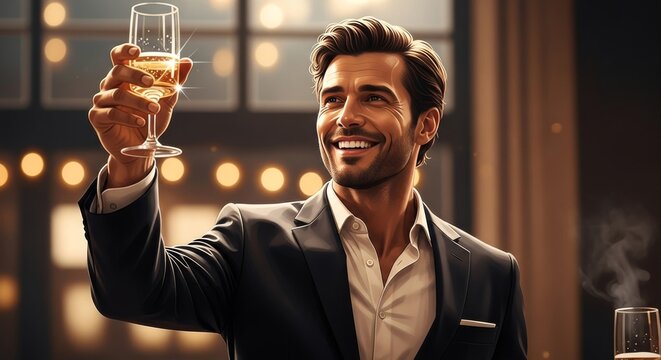 Handsome successful businessman in a classic black suit smiling while raising a glass of champagne for a celebratory toast at a luxury event