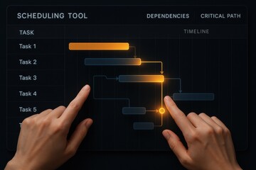 Hands interacting with a scheduling tool interface showcasing task dependencies and critical paths. Concept of project management, efficiency, and digital planning.