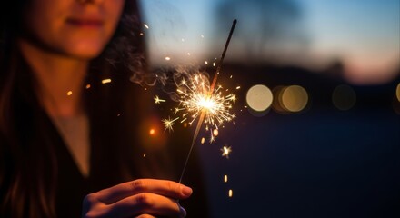 Celebrating a special holiday event with a single burning sparkler held by a woman at dusk, creating a warm and magical glow against the night sky