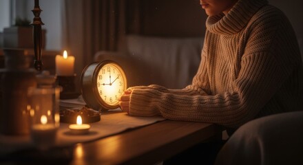 A person in a warm sweater sits at a wooden table in a dark room, finding comfort by the soft, glowing light of an alarm clock and flickering candles