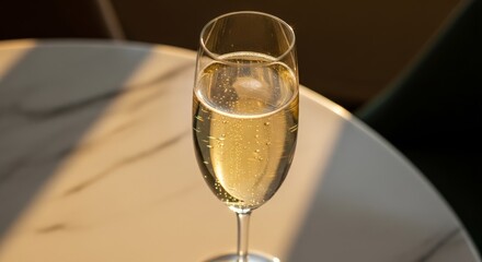 A single elegant flute of chilled sparkling wine rests on a sunlit marble tabletop, its golden bubbles effervescing for a luxurious celebration