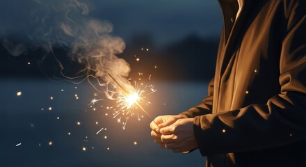 A person in a dark coat holds a brightly burning sparkler, celebrating a festive occasion with glowing golden pyrotechnics on a cool evening