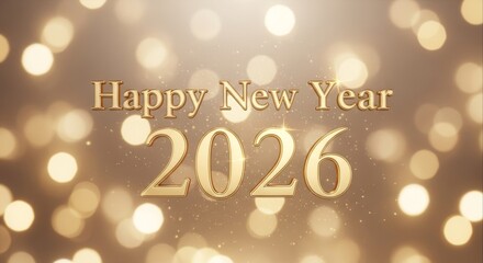 Elegant Happy New Year 2026 greeting card with golden text and sparkling bokeh lights on a shimmering background for a festive holiday celebration