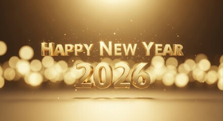 Elegant Happy New Year 2026 banner featuring shimmering gold 3D text. A festive and luxurious design for holiday greetings with a magical bokeh light background