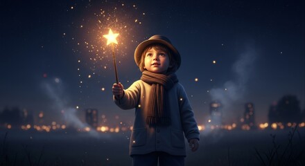 Wrapped in a cozy scarf, a small child with a hat gazes at a glowing star sparkler, illuminating the twilight with a sense of pure magic and wonder