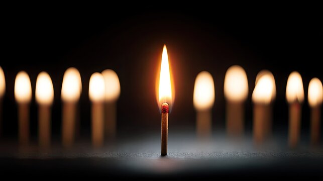 Single Matchstick Flame Surrounded by Blurred Matchsticks in Darkness
