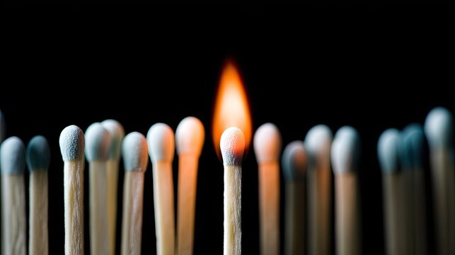 Single Matchstick Ignites Among Unlit Matches on Black Background