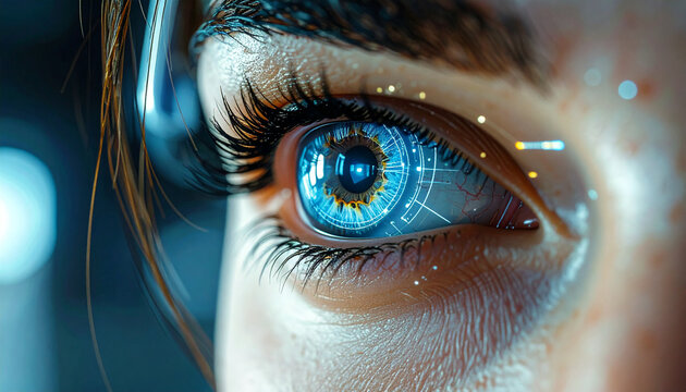 Cybernetic Gaze: A close-up view of an eye augmented with cybernetic enhancements, showcasing futuristic technology.