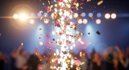 A spectacular explosion of golden confetti showering down onto an excited, silhouetted crowd during a vibrant concert or celebration event