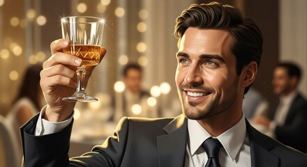 A handsome, charismatic businessman in a sharp suit smiling as he raises a glass of champagne for a celebratory toast at a formal dinner party