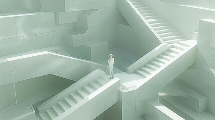 Person standing in vast white minimalist maze. Abstract architectural concept of challenge, decision-making, and future path.