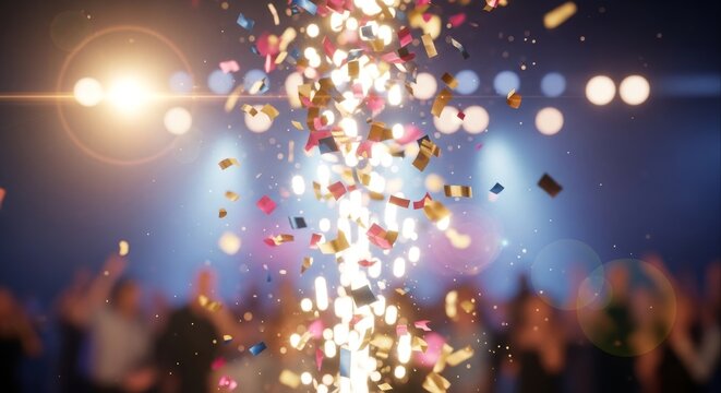 A spectacular explosion of golden confetti showering down onto an excited, silhouetted crowd during a vibrant concert or celebration event - Powered by Adobe
