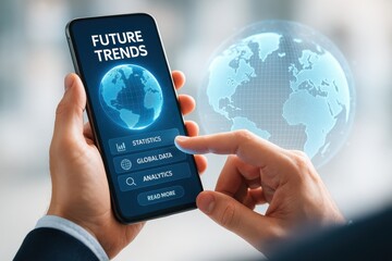 User interacting with a smartphone displaying future trends analytics and global data insights. Concept of data-driven decision making and technology innovation.