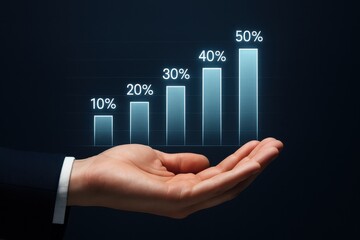 Hand presenting an ascending bar graph visualizing growth percentages. Concept of financial success, data analysis, and business performance metrics.