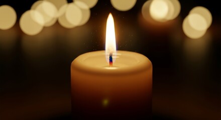 A solitary candle burning brightly provides a serene glow of warmth and light in the darkness, a poignant symbol of hope, contemplation, spiritual peace, and solemn remembrance