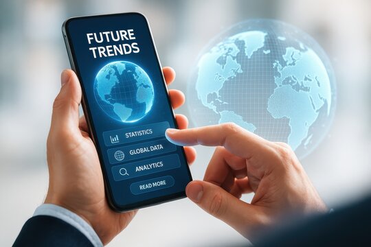 User interacting with a smartphone displaying future trends analytics and global data insights. Concept of data-driven decision making and technology innovation.