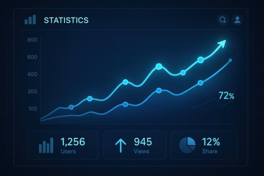 Data analytics dashboard showcasing user statistics with upward trends, highlighting digital growth and engagement metrics. Concept of data visualization, analysis, and business intelligence.
