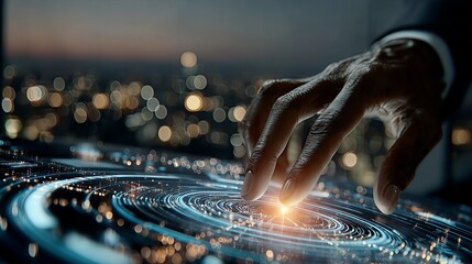 Businessman's hand touching futuristic data interface: analyzing global strategy and innovation, glowing circles, city skyline background.