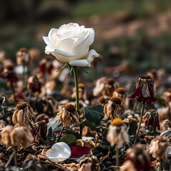 A pristine white rose standing tall amidst withered flowers in a natural outdoor setting, symbolizing purity and resilience in the face of decay