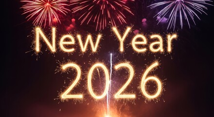 Sparkling golden text announcing the arrival of New Year 2026 against a backdrop of vibrant, exploding fireworks in the dark evening sky, a symbol of festive holiday