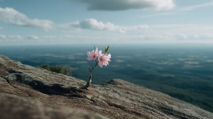 Fototapeta premium Delicate Pink Flower Blooms on Rocky Summit Against Scenic Landscape