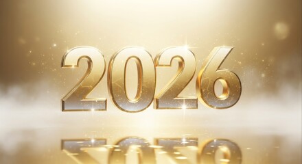 Golden 2026 text with sparkling glitter and smoke on a reflective surface, symbolizing a new year celebration. Elegant design for a festive event or future announcement