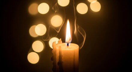 A single burning candle casts a warm and gentle glow, its flickering flame creating a serene ambiance against a dark background with soft, golden bokeh lights of hope