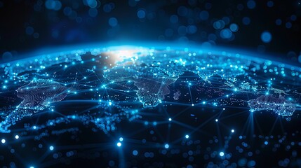 Earth at night from space with blue glowing lines connecting cities. Global network, data communication, and future technology concept.