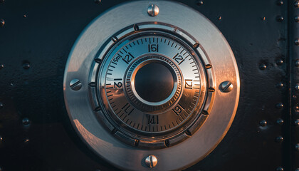 Close-up of a safe dial with numbers and a metallic finish.