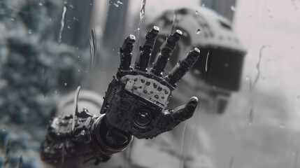 Close-up of a wet robotic hand reaching toward a rain-covered glass surface with a futuristic humanoid robot in the background.