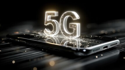 Glowing 5G Icon on Smartphone Screen with Sparkling Background
