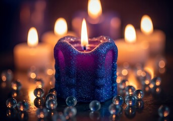 Closeup of a glowing purple candle with bokeh lights and pearls