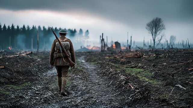 Lonely soldier trudges onward, Soldier moves slowly