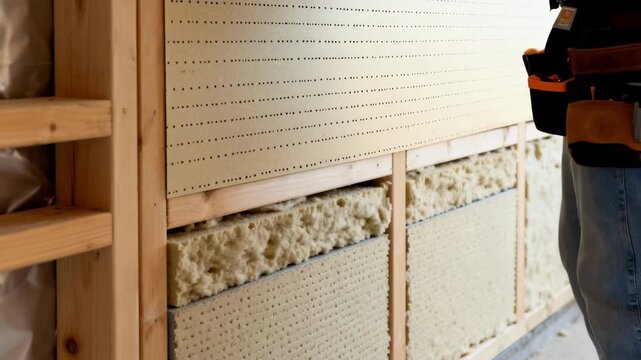 Medium shot of insulated wood stud framing featuring cavity walls filled with rigid foam board insulation to enhance temperature control in building construction.